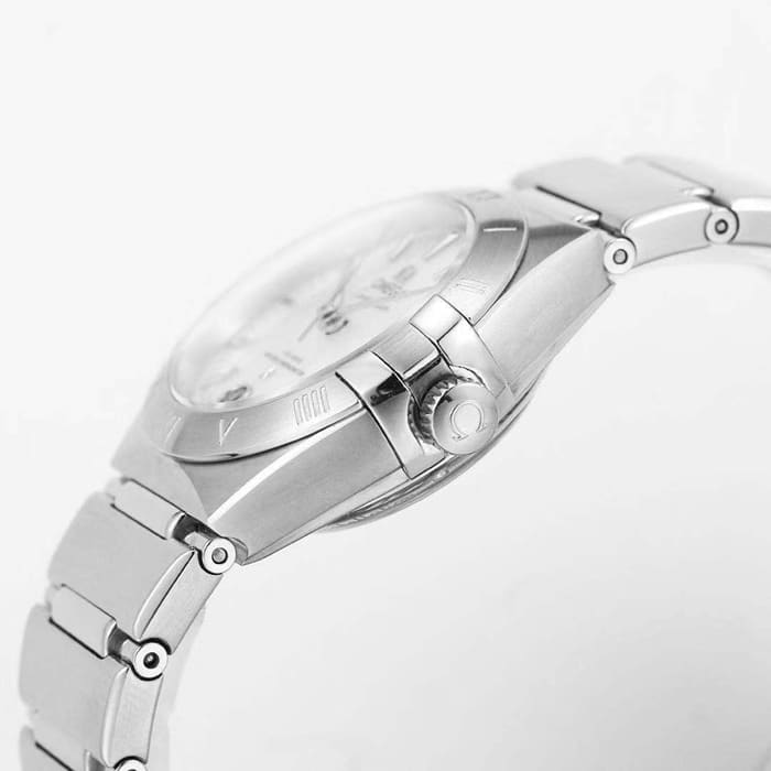 Top collectible watches Omega Women's White Plate Constellation Steel Strap Watch Side View