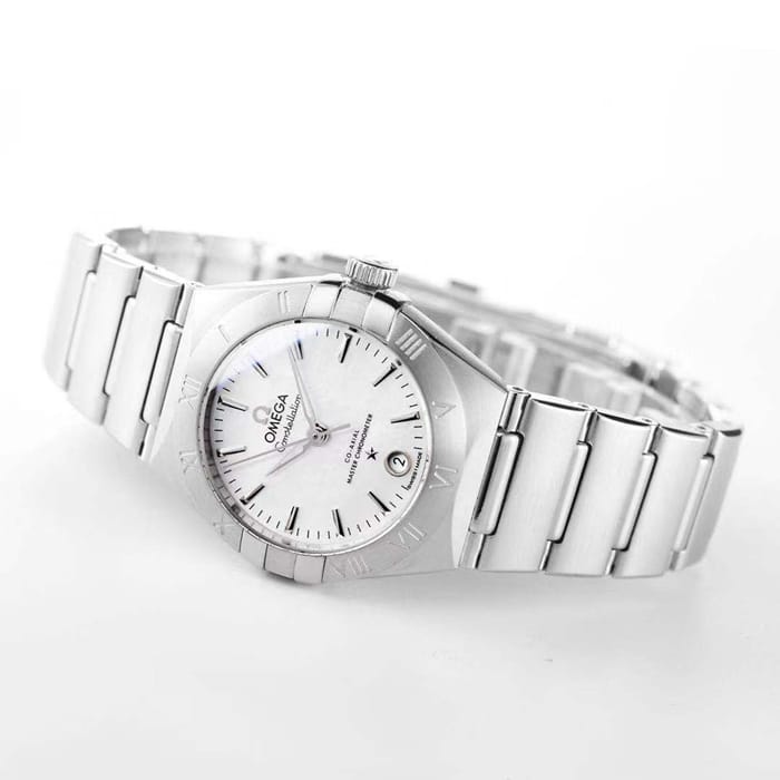 Top collectible watches Omega Women's White Plate Constellation Steel Strap Watch Front View