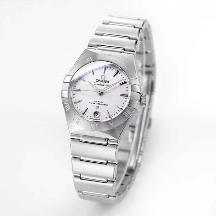 Top collectible watches Omega Women's White Plate Constellation Steel Strap Watch Front View