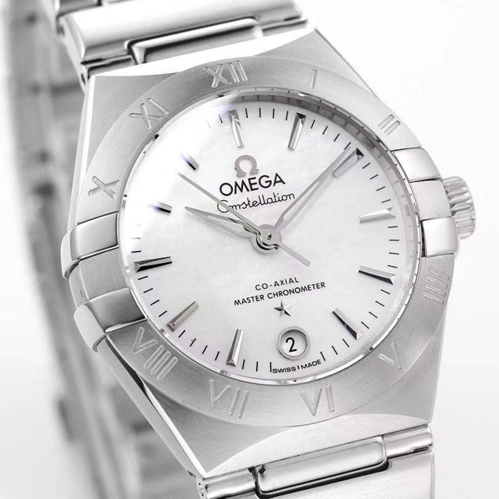 Top collectible watches Omega Women's White Plate Constellation Steel Strap Watch Front View
