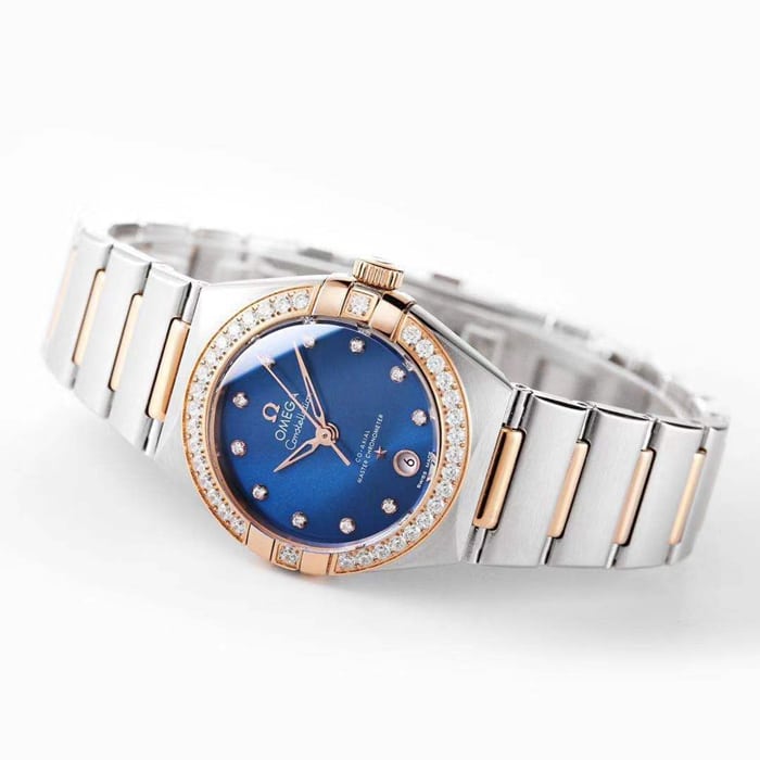 top-tier watch Omega women's blue dial constellation series steel bracelet watch front view