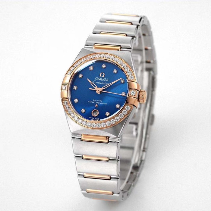 top-tier watch Omega women's blue dial constellation series steel bracelet watch front view