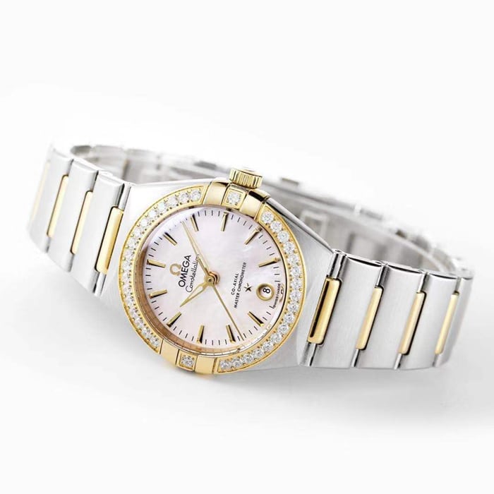 Top collectible watches Omega Women's White Plate Constellation Steel Strap Watch Front View