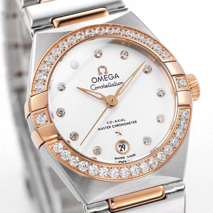 Top collectible watches Omega Women's White Plate Constellation Steel Strap Watch Front View