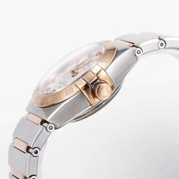 Top collectible watches Omega Women's White Plate Constellation Steel Strap Watch Side View