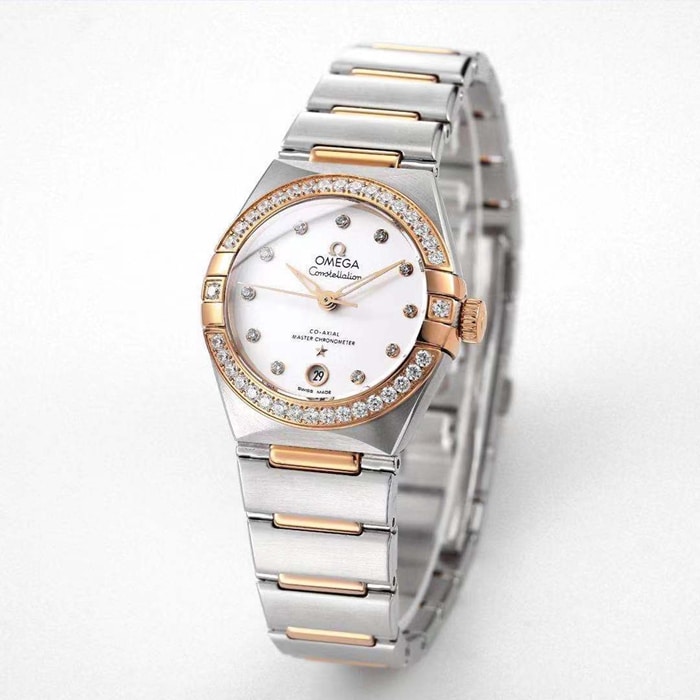 Top collectible watches Omega Women's White Plate Constellation Steel Strap Watch Front View