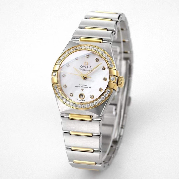 Top collectible watches Omega Women's White Plate Constellation Steel Strap Watch Front View