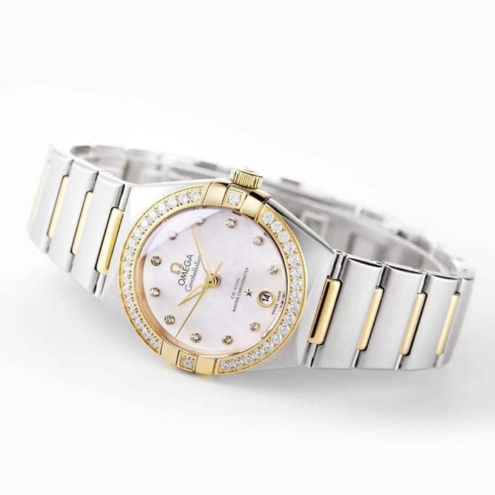 Top collectible watches Omega Women's White Plate Constellation Steel Strap Watch Front View