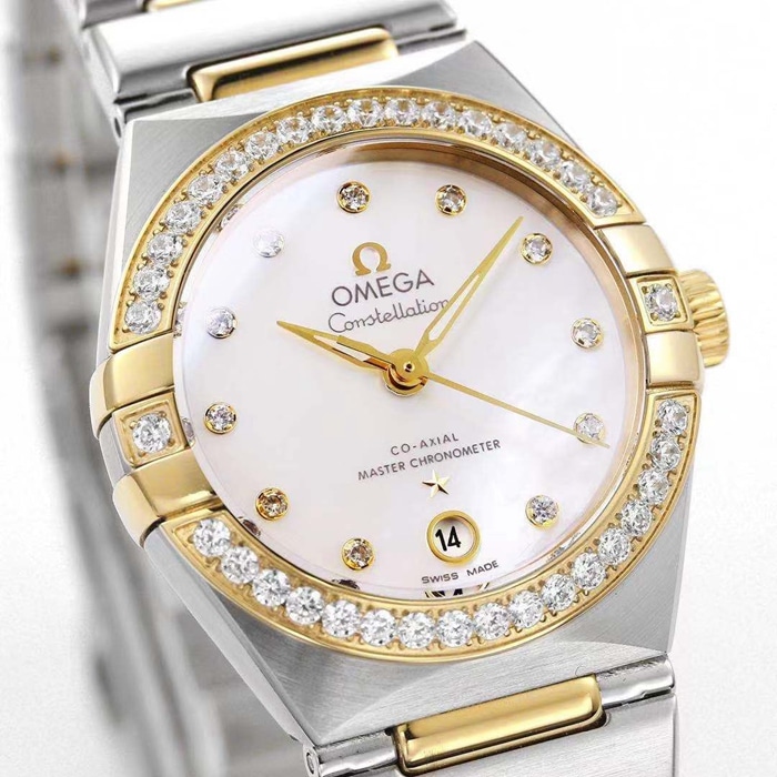 Top collectible watches Omega Women's White Plate Constellation Steel Strap Watch Front View