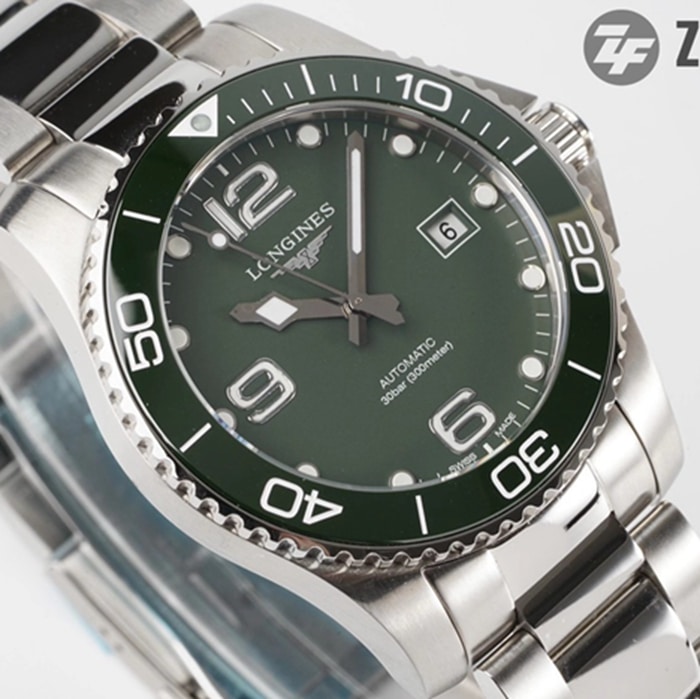 top-tier watch Longines men's green dial Concas series mechanical steel bracelet watch front view