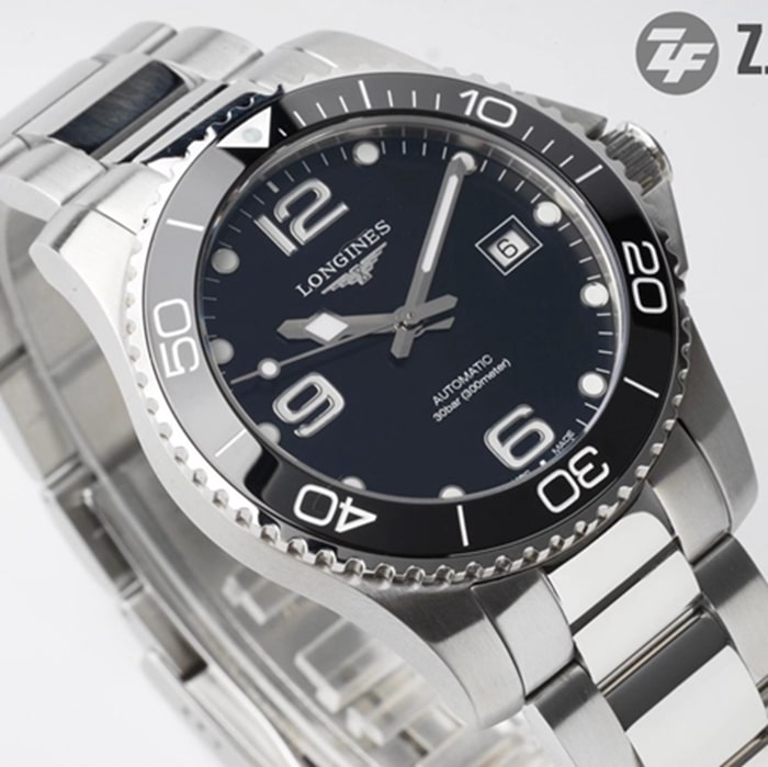 top-tier watch Longines men's black dial Concas mechanical steel bracelet watch front view