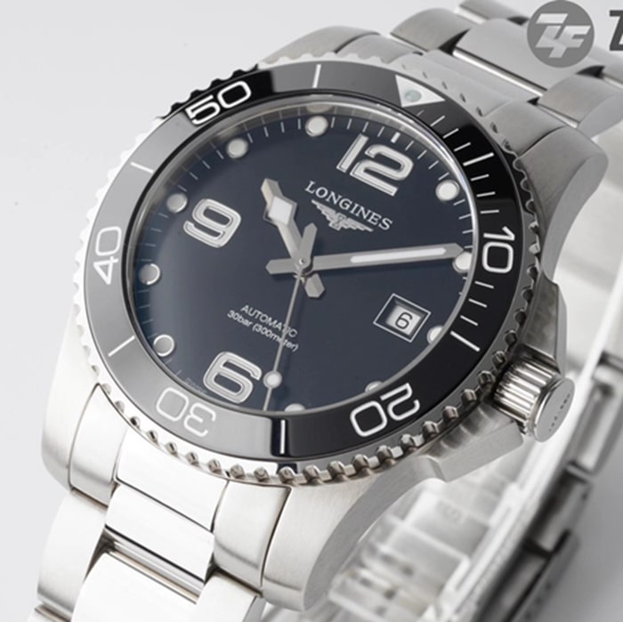 top-tier watch Longines men's black dial Concas mechanical steel bracelet watch front view