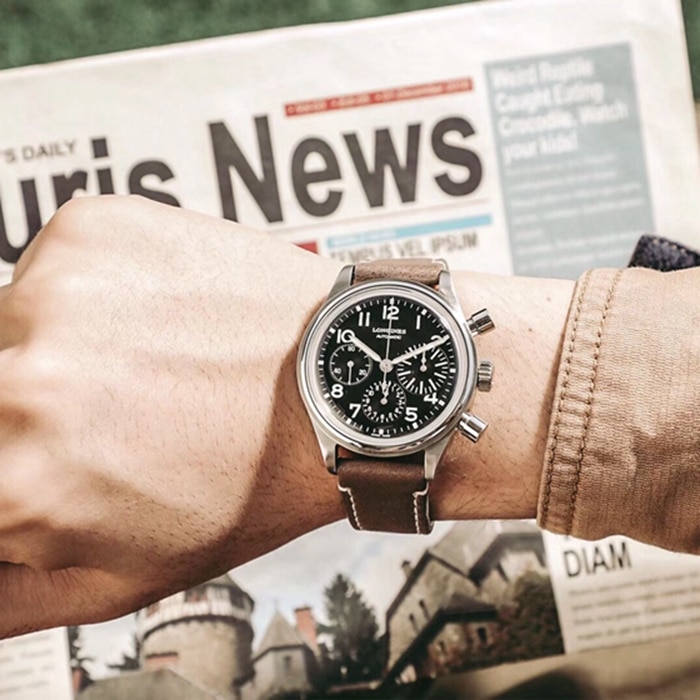 top-tier watch Longines men's black dialleather strap watch front view