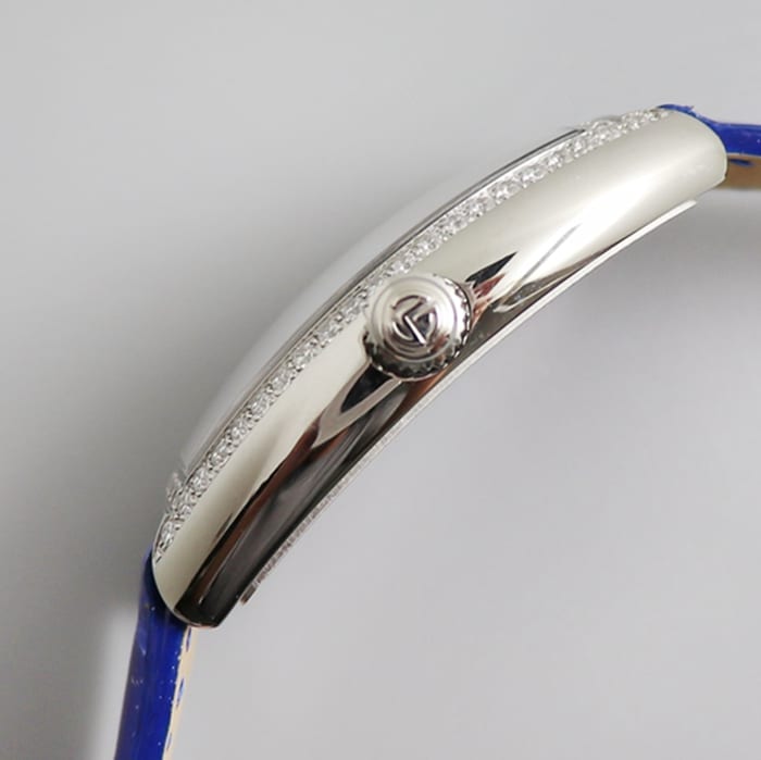 top-tier watch Frank Muller women's white dial barrel quartz watch side view