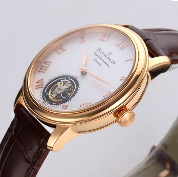 Top-tier watch Blancpain men's white dial Art Master series leather strap watch side view