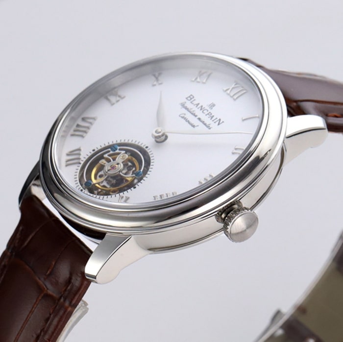 Top-tier watch Blancpain men's white dial Art Master series leather strap watch side view