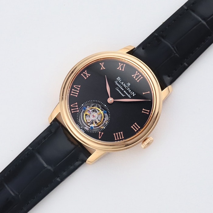 Top-tier watch Blancpain men's black dial Art Master series leather strap watch front view