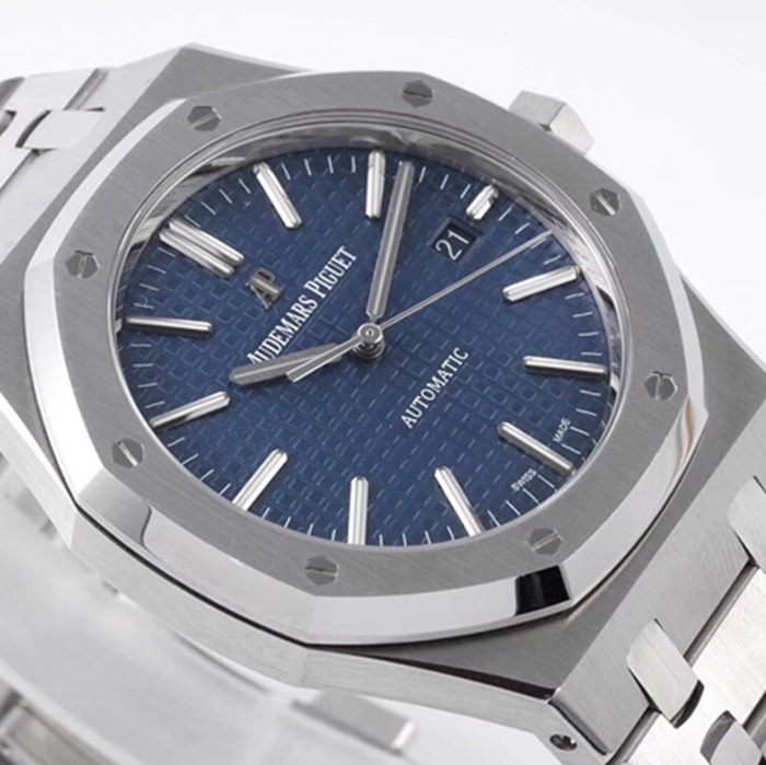 Top collectible watches Audemars Piguet Men's Blue Plate Royal Oak Mechanical Steel Strap Watch Front View