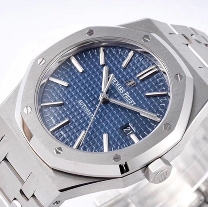 Top collectible watches Audemars Piguet Men's Blue Plate Royal Oak Mechanical Steel Strap Watch Front View