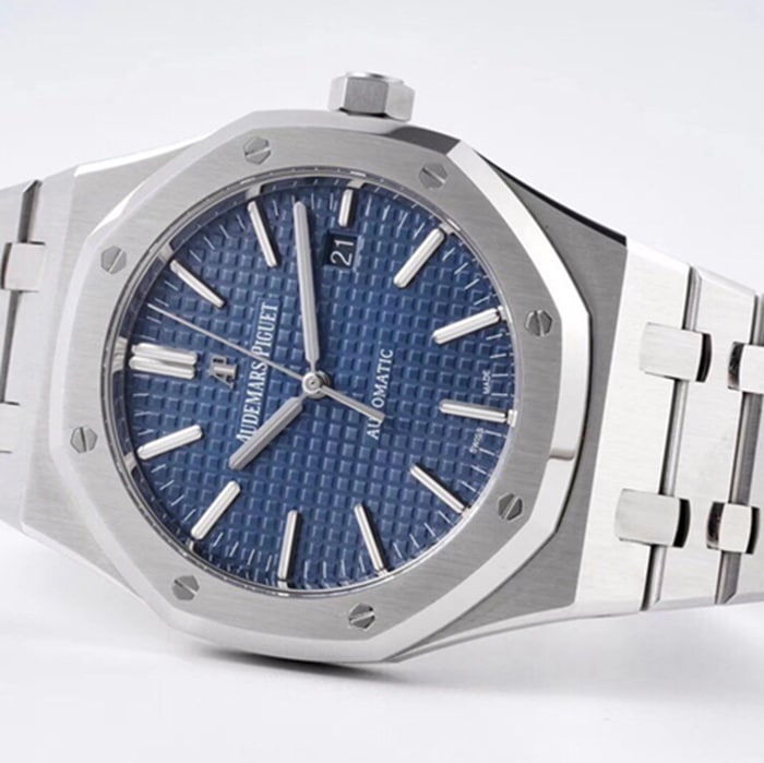 Top collectible watches Audemars Piguet Men's Blue Plate Royal Oak Mechanical Steel Strap Watch Front View