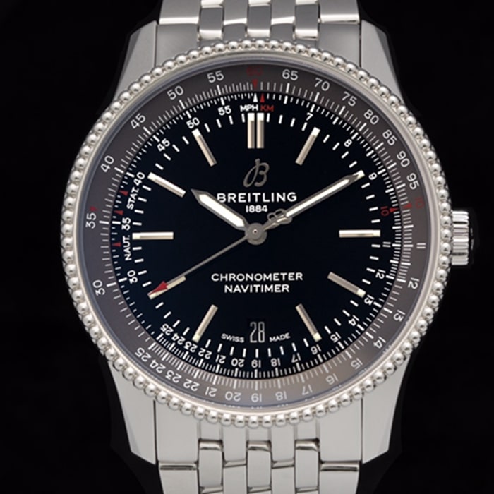 top-tier watch Breitling men's black dial aviation chronograph1 series steel bracelet watch front view