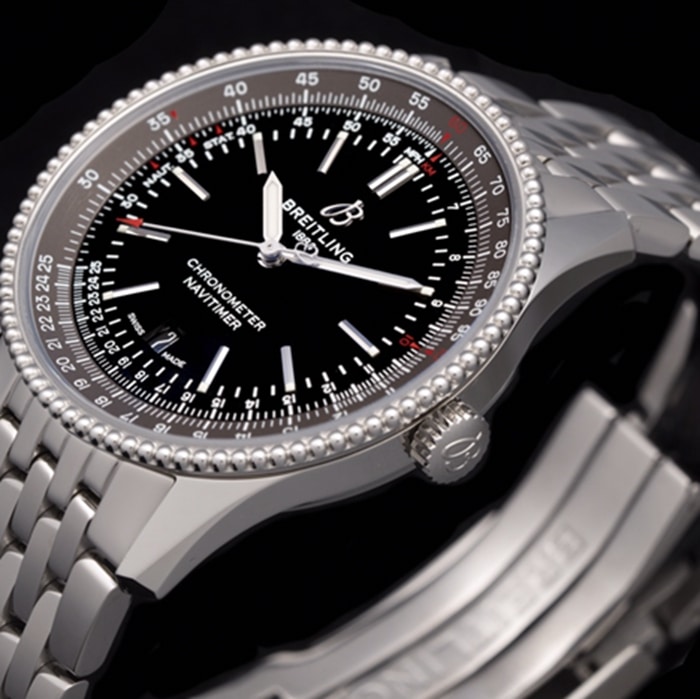 top-tier watch Breitling men's black dial aviation chronograph1 series steel bracelet watch side view