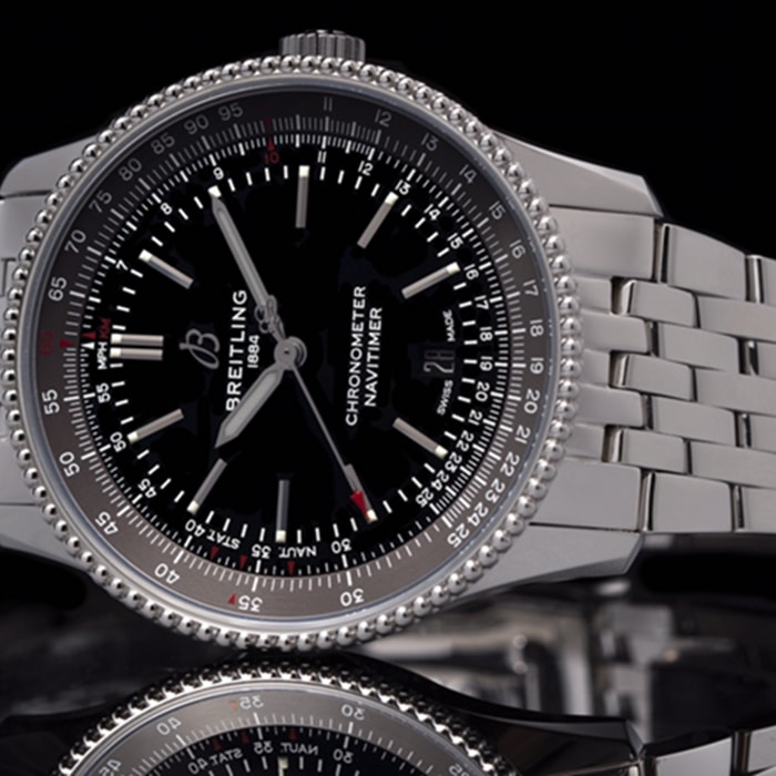 top-tier watch Breitling men's black dial aviation chronograph1 series steel bracelet watch front view