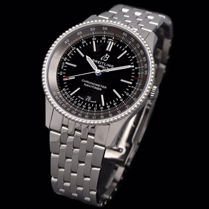 top-tier watch Breitling men's black dial aviation chronograph1 series steel bracelet watch front view
