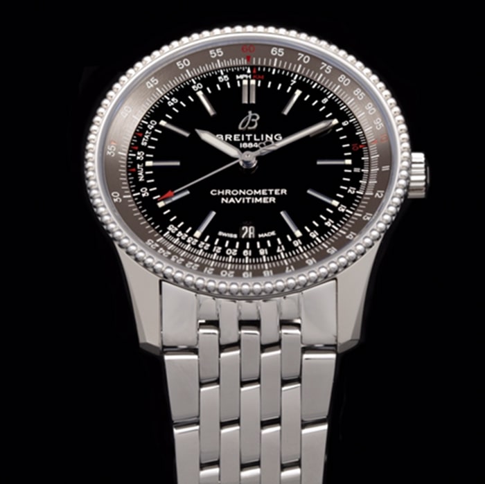 top-tier watch Breitling men's black dial aviation chronograph1 series steel bracelet watch detail shots