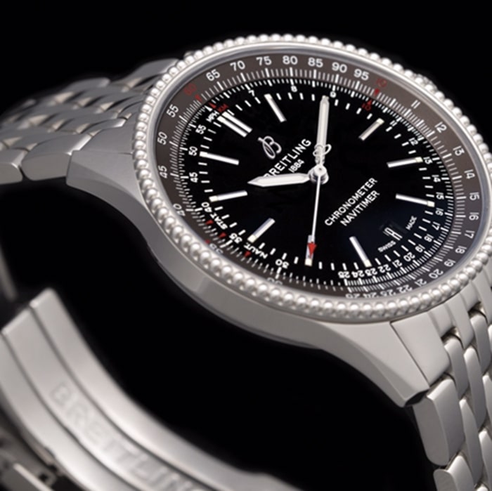 top-tier watch Breitling men's black dial aviation chronograph1 series steel bracelet watch side view