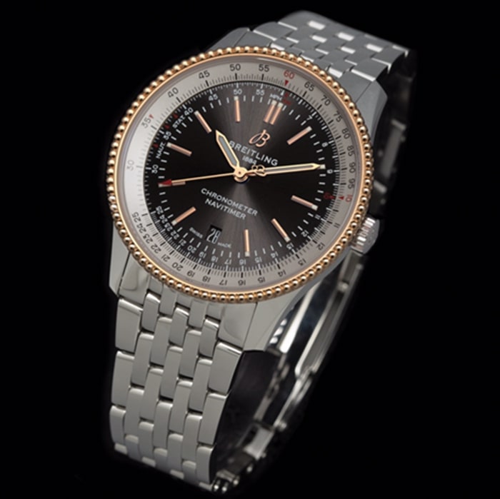 top-tier watch Breitling men's black dial aviation chronograph1 series steel bracelet watch front view