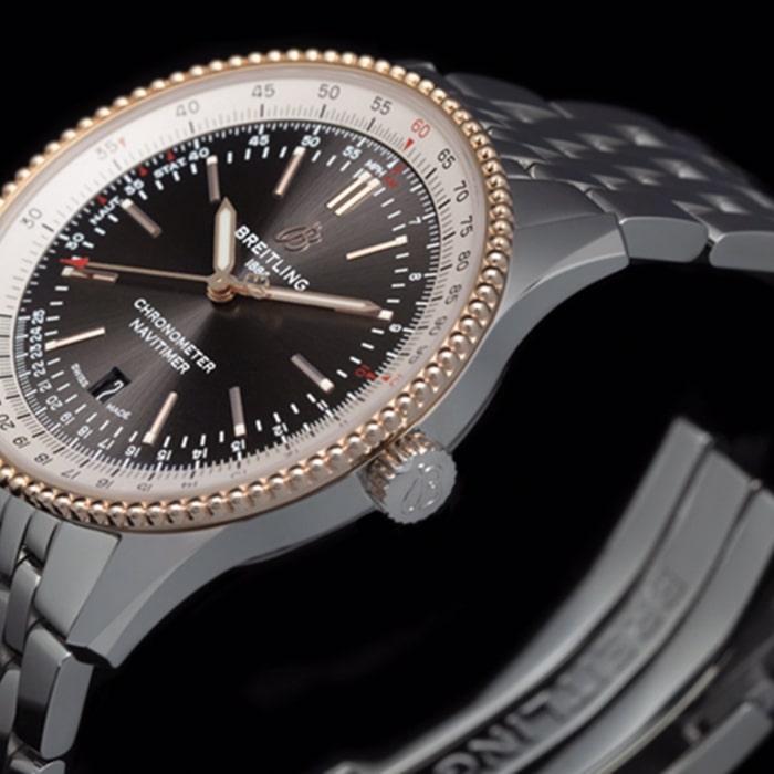 top-tier watch Breitling men's black dial aviation chronograph1 series steel bracelet watch side view