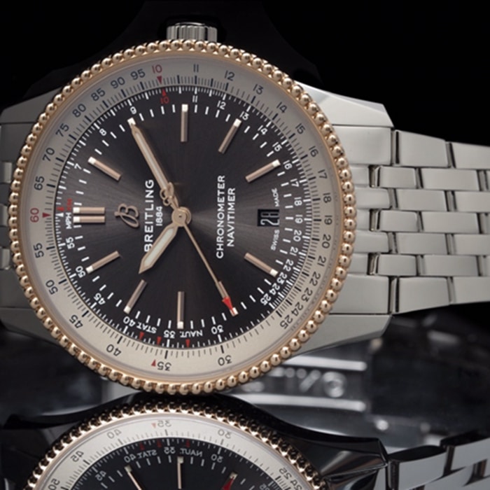 top-tier watch Breitling men's black dial aviation chronograph1 series steel bracelet watch front view