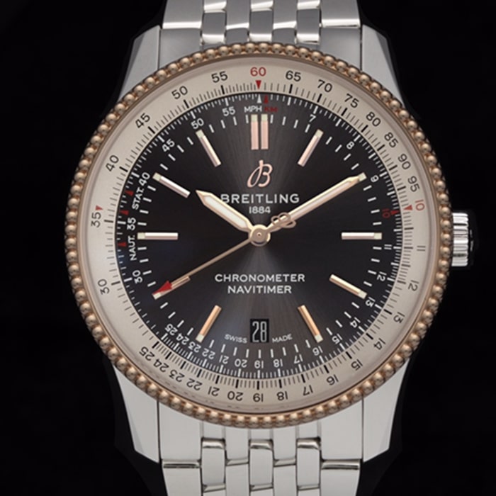 top-tier watch Breitling men's black dial aviation chronograph1 series steel bracelet watch front view