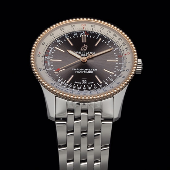 top-tier watch Breitling men's black dial aviation chronograph1 series steel bracelet watch detail shots