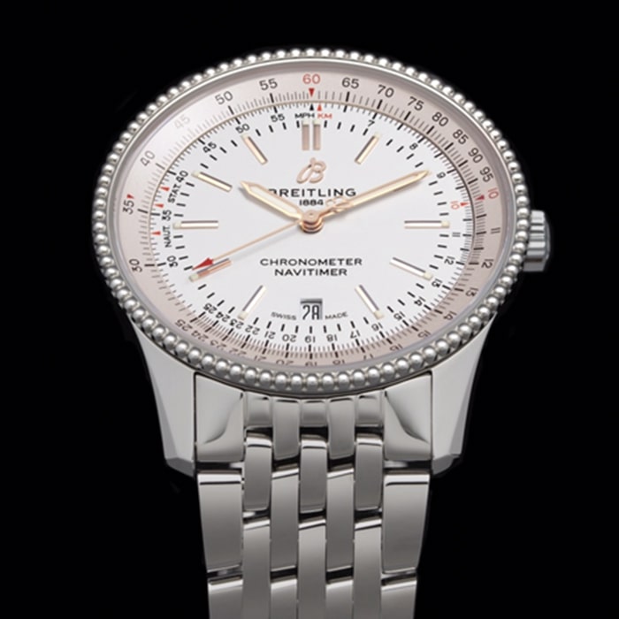 top-tier watch Breitling men's white dial aviation chronograph1 series overview steel bracelet watch detail shots