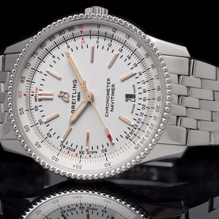 top-tier watch Breitling men's white dial aviation chronograph1 series overview steel bracelet watch front view
