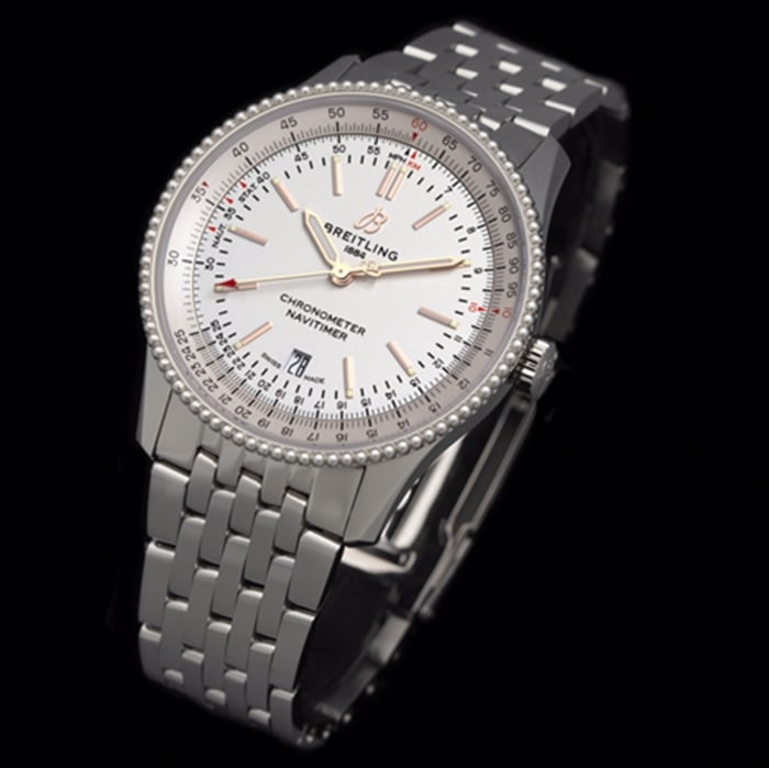 top-tier watch Breitling men's white dial aviation chronograph1 series overview steel bracelet watch front view