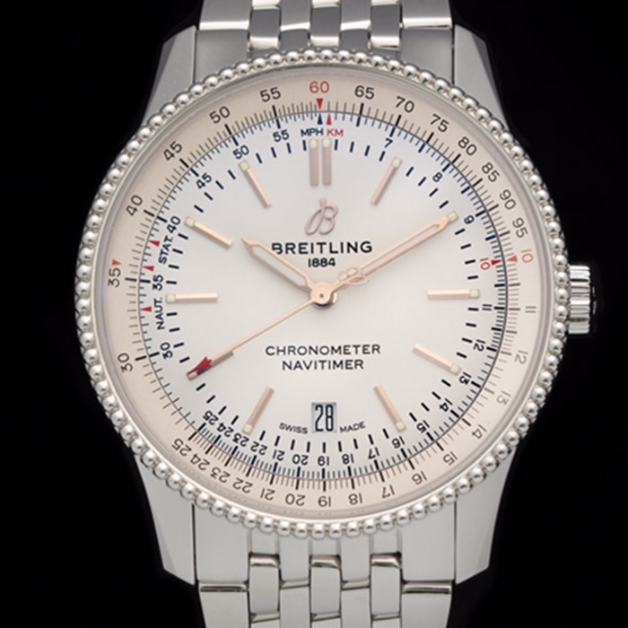 top-tier watch Breitling men's white dial aviation chronograph1 series overview steel bracelet watch front view