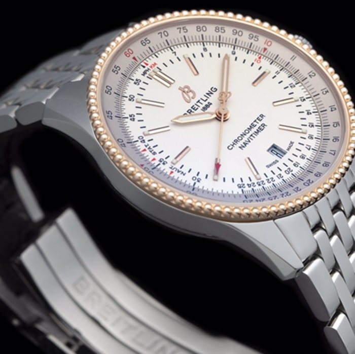 top-tier watch Breitling men's white dial aviation chronograph1 series steel bracelet watch side view