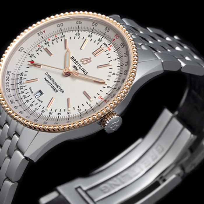 top-tier watch Breitling men's white dial aviation chronograph1 series steel bracelet watch side view