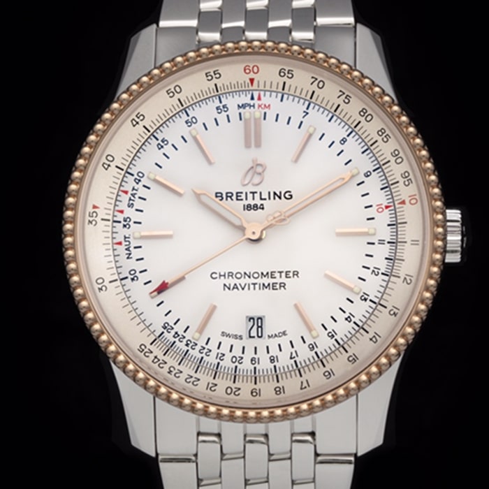 Top-tier watch Breitling men's white dial aviation chronograph1 series steel bracelet watch front view