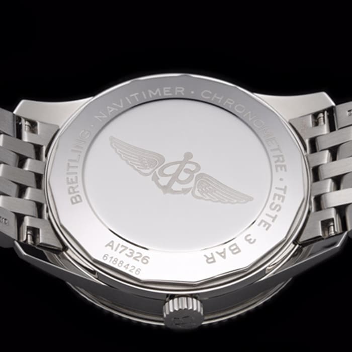 Top-tier watch Breitling men's white dial aviation chronograph1 series steel bracelet watch back cover picture