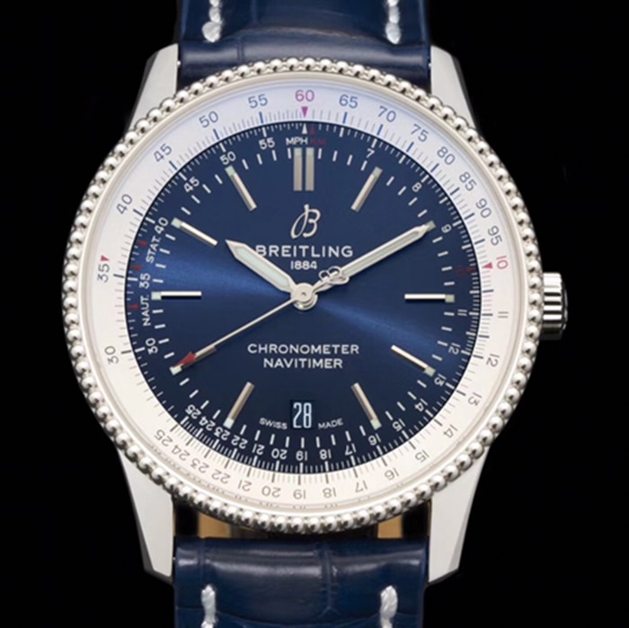 top-tier watch Breitling men's blue dial aviation chronograph1 series steel bracelet watch front view