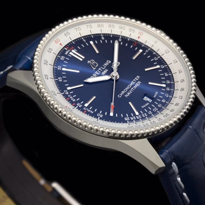 top-tier watch Breitling men's blue dial aviation chronograph1 series steel bracelet watch side view