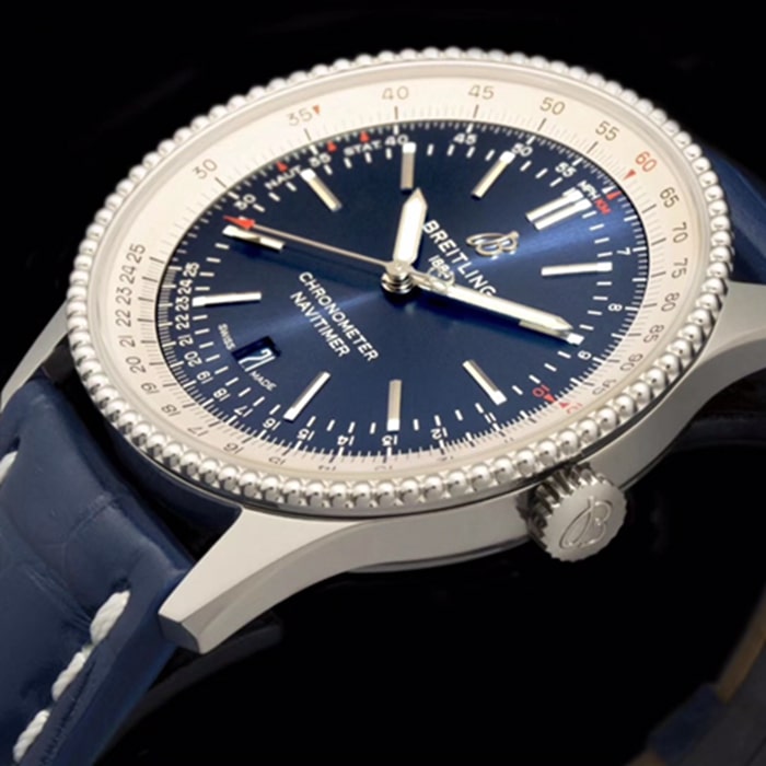 top-tier watch Breitling men's blue dial aviation chronograph1 series steel bracelet watch side view