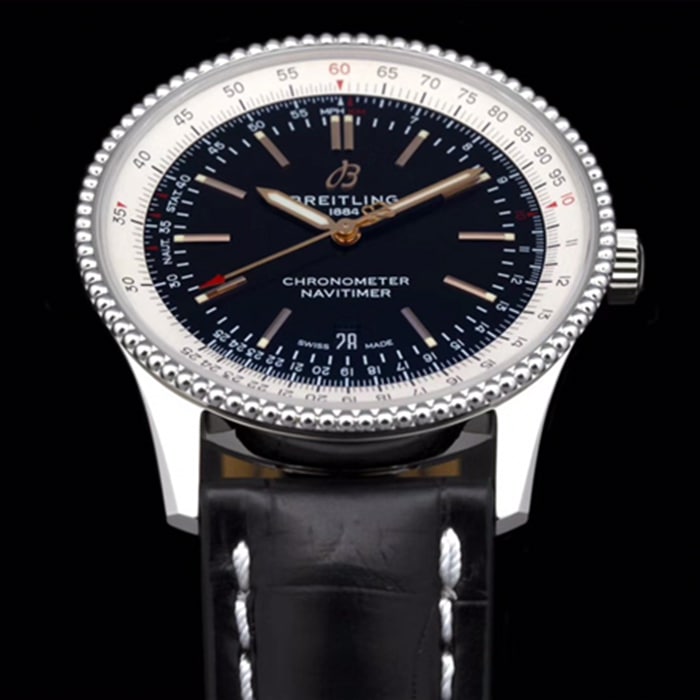 top-tier watch Breitling men's black dial aviation chronograph1 series leather strap watch detail shots