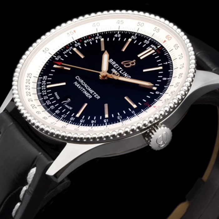top-tier watch Breitling men's black dial aviation chronograph1 series leather strap watch side view