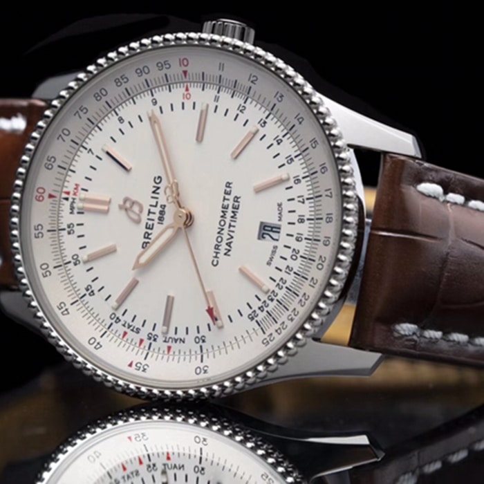 top-tier watch Breitling men's white dial aviation chronograph1 series leather strap watch front view