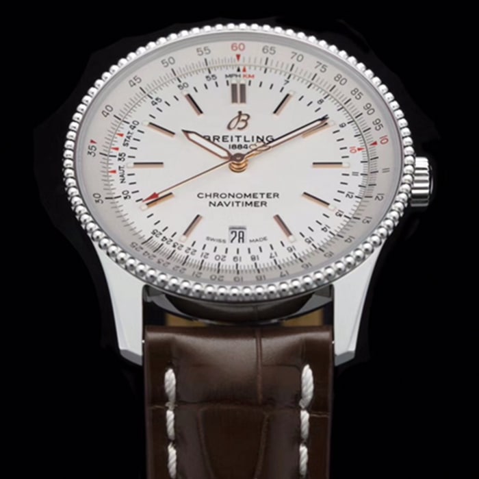 top-tier watch Breitling men's white dial aviation chronograph1 series leather strap watch detail shots